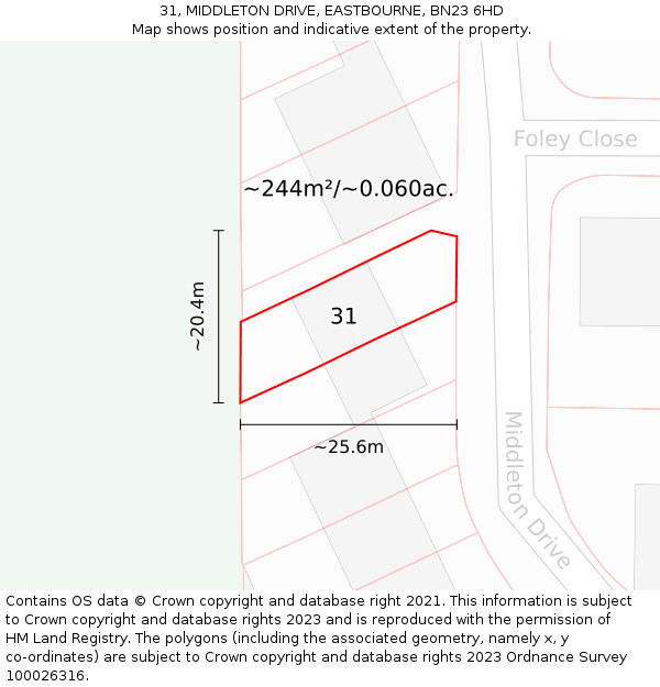 31, MIDDLETON DRIVE, EASTBOURNE, BN23 6HD: Plot and title map