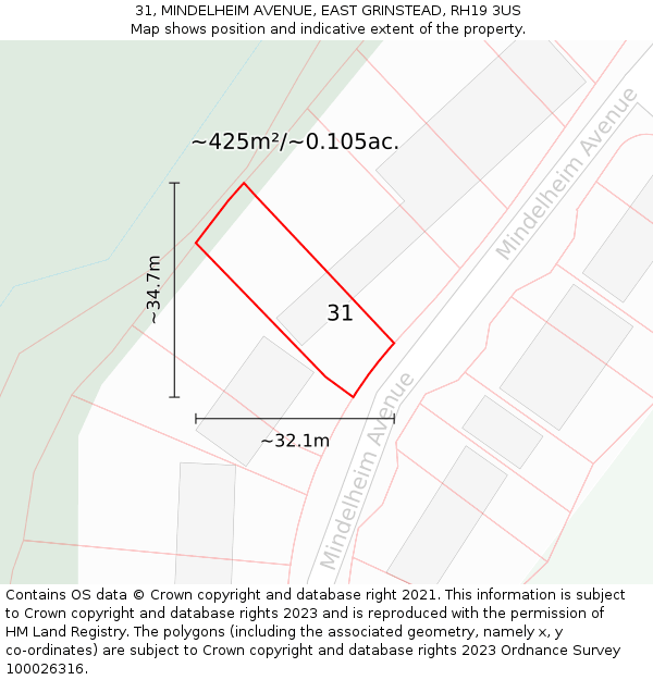 31, MINDELHEIM AVENUE, EAST GRINSTEAD, RH19 3US: Plot and title map