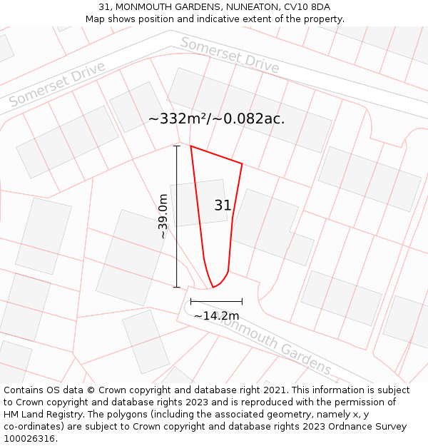 31, MONMOUTH GARDENS, NUNEATON, CV10 8DA: Plot and title map