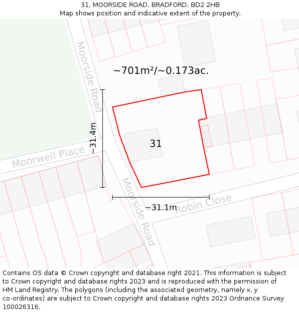 31, MOORSIDE ROAD, BRADFORD, BD2 2HB: Plot and title map