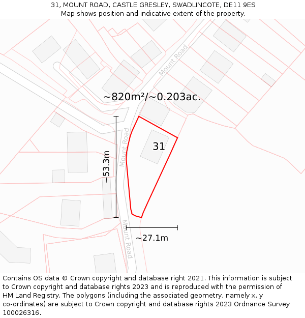 31, MOUNT ROAD, CASTLE GRESLEY, SWADLINCOTE, DE11 9ES: Plot and title map