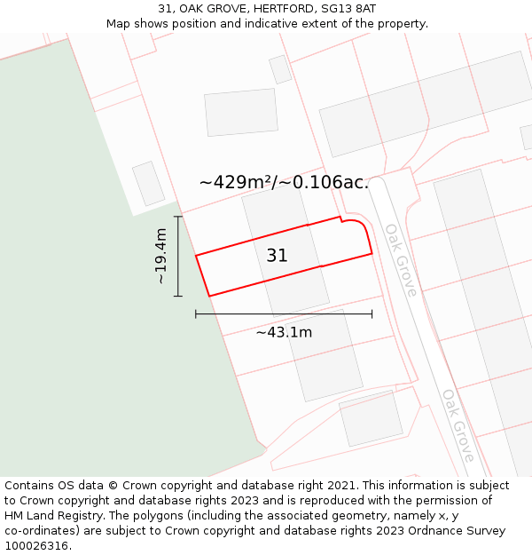 31, OAK GROVE, HERTFORD, SG13 8AT: Plot and title map