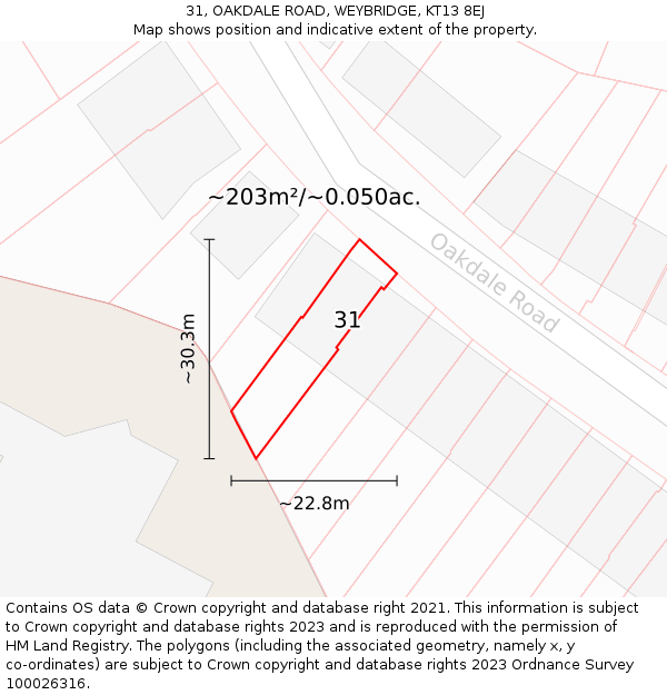 31, OAKDALE ROAD, WEYBRIDGE, KT13 8EJ: Plot and title map