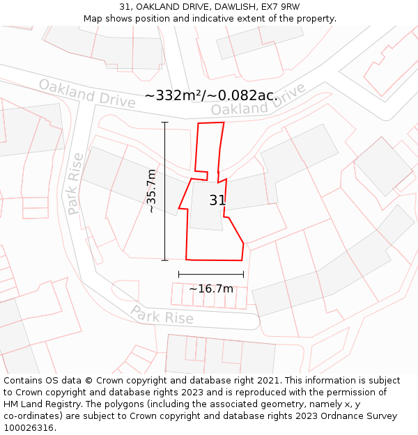 31, OAKLAND DRIVE, DAWLISH, EX7 9RW: Plot and title map