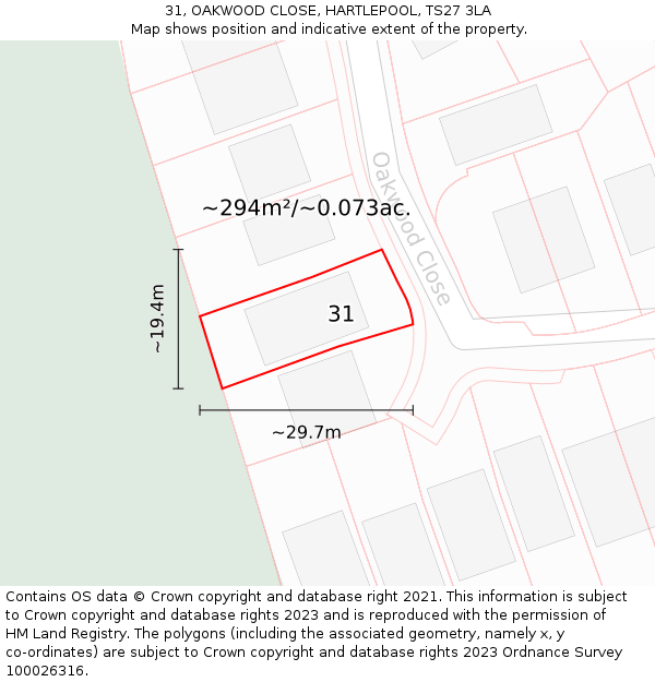 31, OAKWOOD CLOSE, HARTLEPOOL, TS27 3LA: Plot and title map