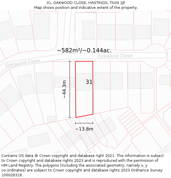 31, OAKWOOD CLOSE, HASTINGS, TN34 2JF: Plot and title map