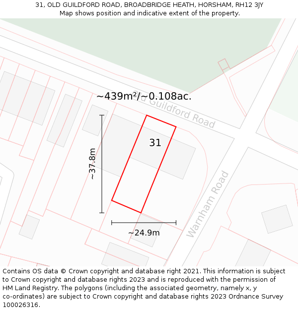 31, OLD GUILDFORD ROAD, BROADBRIDGE HEATH, HORSHAM, RH12 3JY: Plot and title map