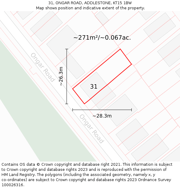 31, ONGAR ROAD, ADDLESTONE, KT15 1BW: Plot and title map