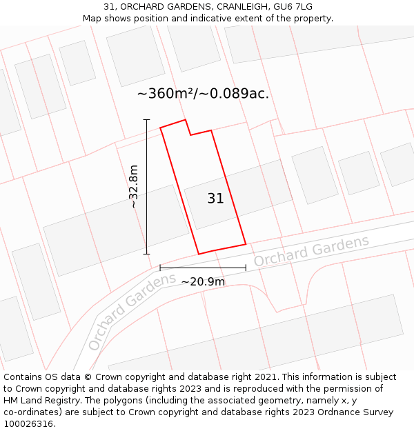 31, ORCHARD GARDENS, CRANLEIGH, GU6 7LG: Plot and title map