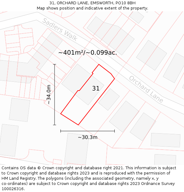 31, ORCHARD LANE, EMSWORTH, PO10 8BH: Plot and title map