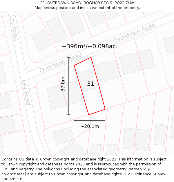 31, OVERDOWN ROAD, BOGNOR REGIS, PO22 7HW: Plot and title map