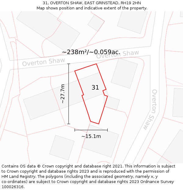 31, OVERTON SHAW, EAST GRINSTEAD, RH19 2HN: Plot and title map