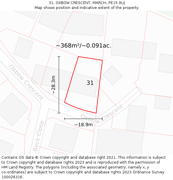 31, OXBOW CRESCENT, MARCH, PE15 9UJ: Plot and title map