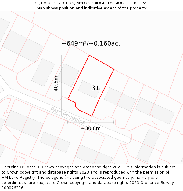 31, PARC PENEGLOS, MYLOR BRIDGE, FALMOUTH, TR11 5SL: Plot and title map