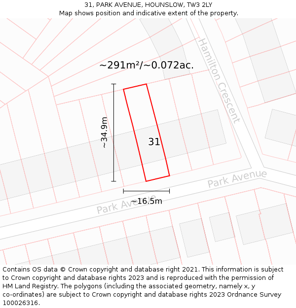 31, PARK AVENUE, HOUNSLOW, TW3 2LY: Plot and title map