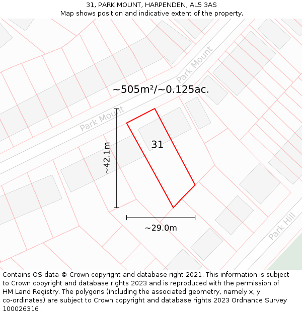 31, PARK MOUNT, HARPENDEN, AL5 3AS: Plot and title map