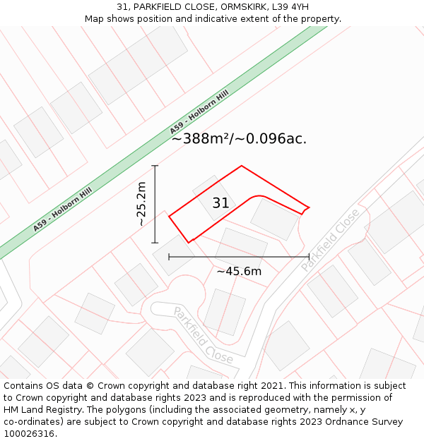 31, PARKFIELD CLOSE, ORMSKIRK, L39 4YH: Plot and title map