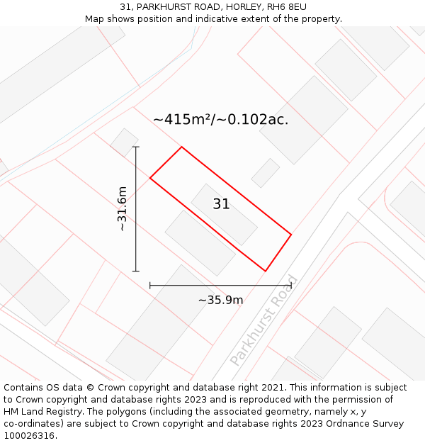 31, PARKHURST ROAD, HORLEY, RH6 8EU: Plot and title map