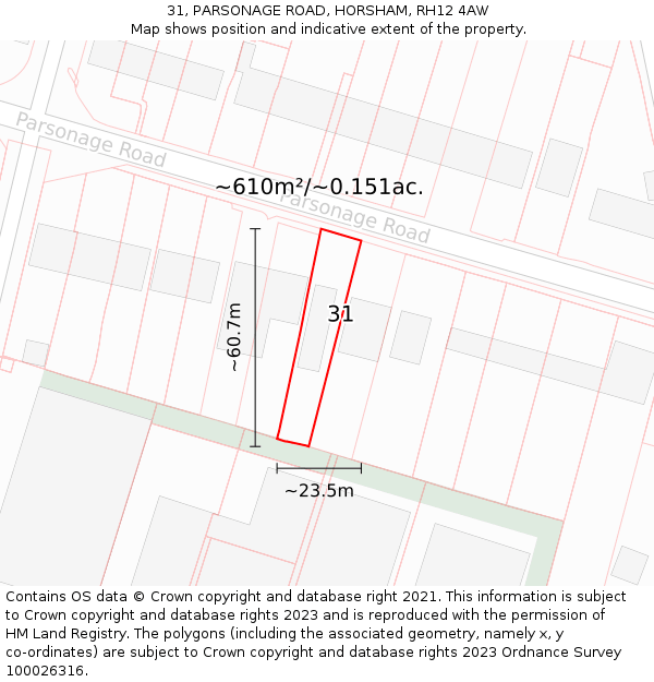 31, PARSONAGE ROAD, HORSHAM, RH12 4AW: Plot and title map