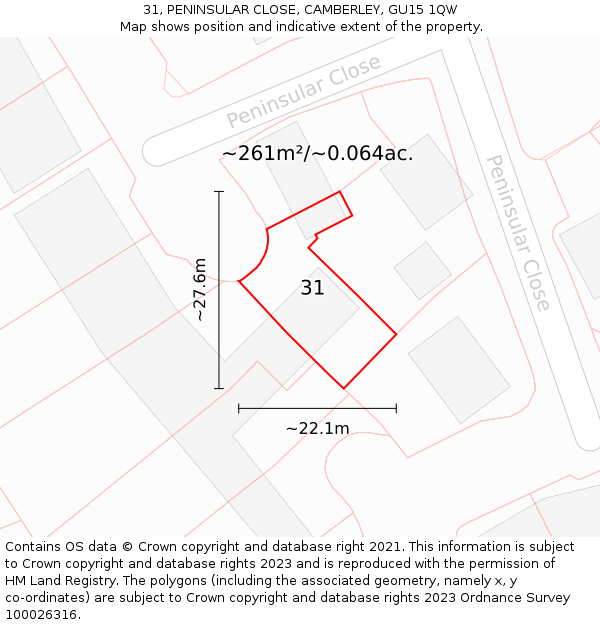 31, PENINSULAR CLOSE, CAMBERLEY, GU15 1QW: Plot and title map