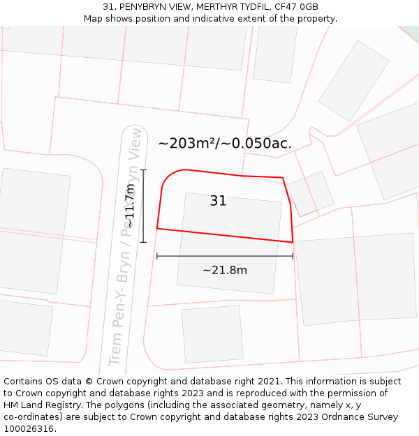 31, PENYBRYN VIEW, MERTHYR TYDFIL, CF47 0GB: Plot and title map