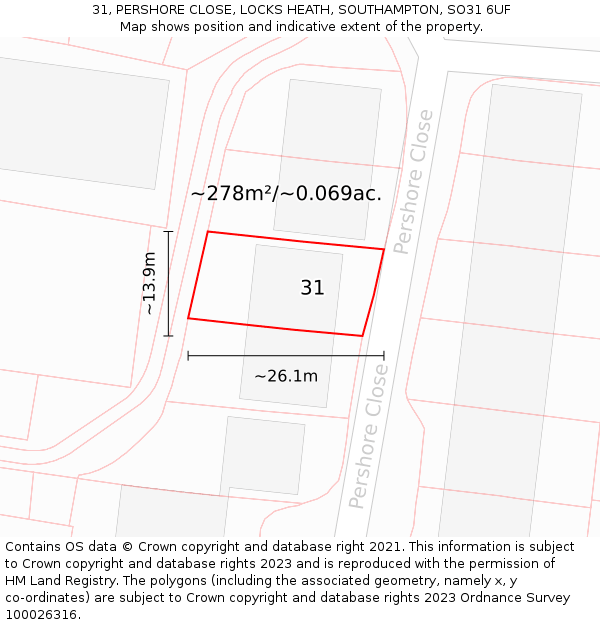 31, PERSHORE CLOSE, LOCKS HEATH, SOUTHAMPTON, SO31 6UF: Plot and title map