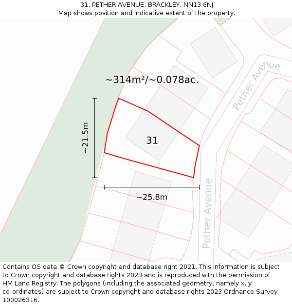 31, PETHER AVENUE, BRACKLEY, NN13 6NJ: Plot and title map