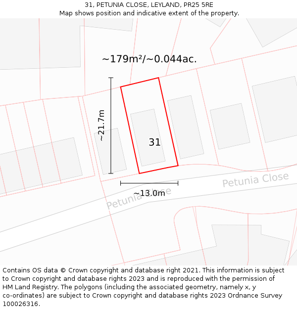 31, PETUNIA CLOSE, LEYLAND, PR25 5RE: Plot and title map