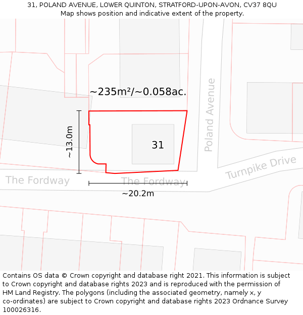 31, POLAND AVENUE, LOWER QUINTON, STRATFORD-UPON-AVON, CV37 8QU: Plot and title map