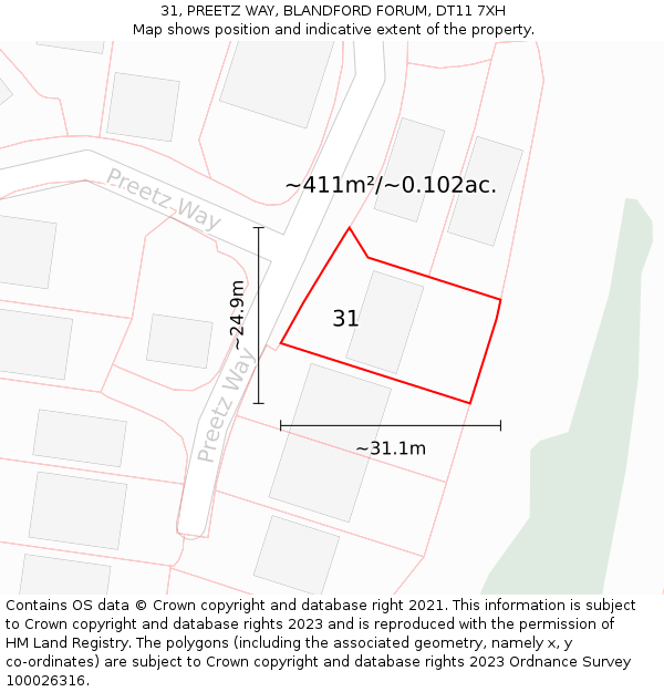 31, PREETZ WAY, BLANDFORD FORUM, DT11 7XH: Plot and title map