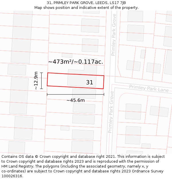 31, PRIMLEY PARK GROVE, LEEDS, LS17 7JB: Plot and title map