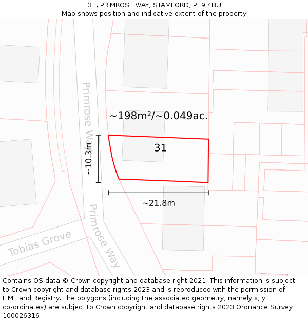 31, PRIMROSE WAY, STAMFORD, PE9 4BU: Plot and title map