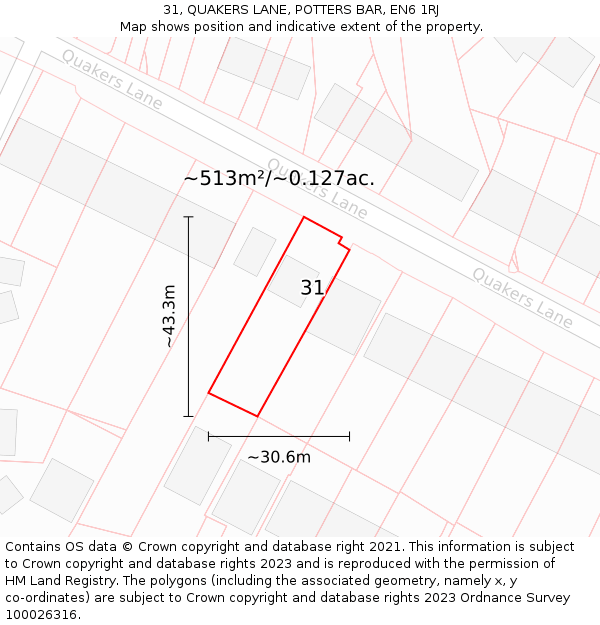 31, QUAKERS LANE, POTTERS BAR, EN6 1RJ: Plot and title map