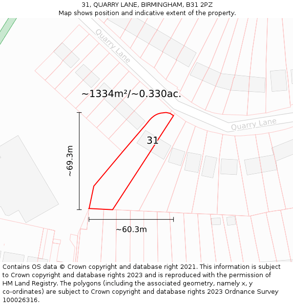 31, QUARRY LANE, BIRMINGHAM, B31 2PZ: Plot and title map