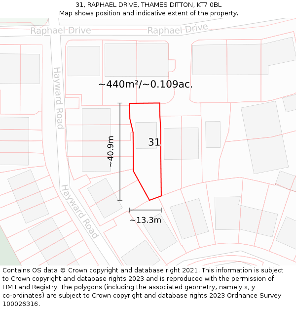 31, RAPHAEL DRIVE, THAMES DITTON, KT7 0BL: Plot and title map