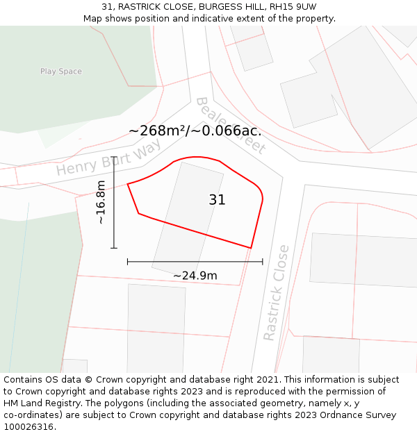 31, RASTRICK CLOSE, BURGESS HILL, RH15 9UW: Plot and title map