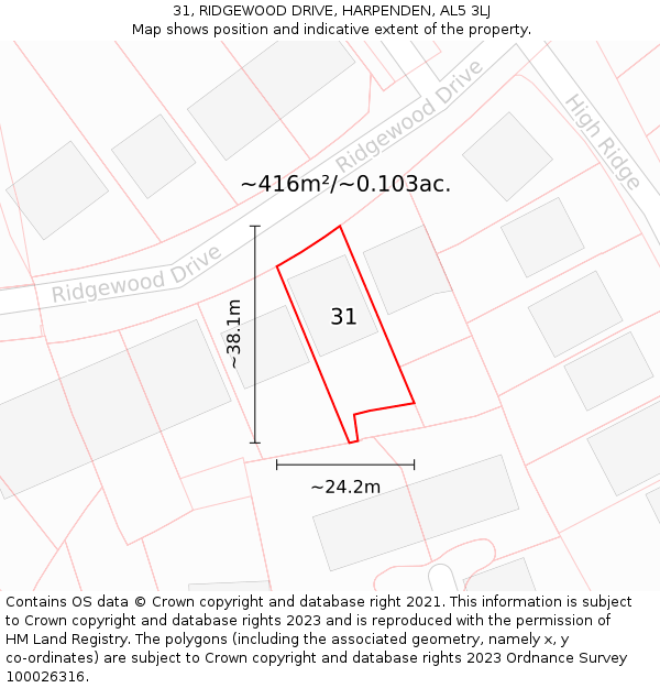 31, RIDGEWOOD DRIVE, HARPENDEN, AL5 3LJ: Plot and title map