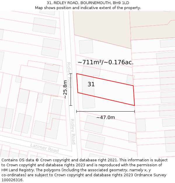 31, RIDLEY ROAD, BOURNEMOUTH, BH9 1LD: Plot and title map