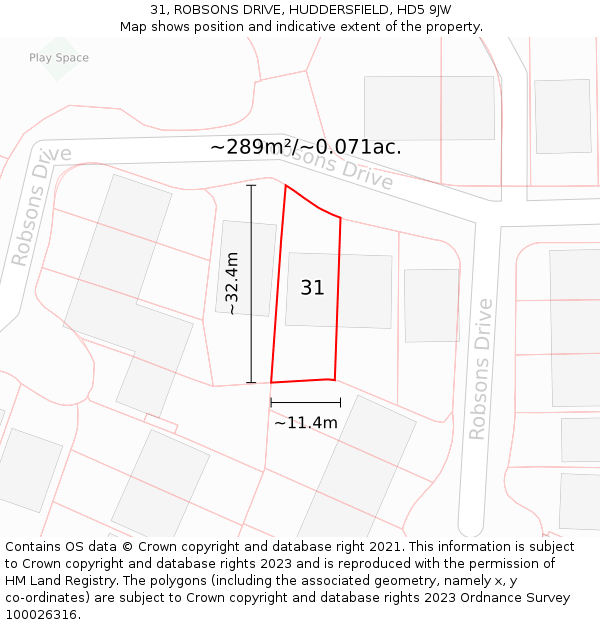 31, ROBSONS DRIVE, HUDDERSFIELD, HD5 9JW: Plot and title map