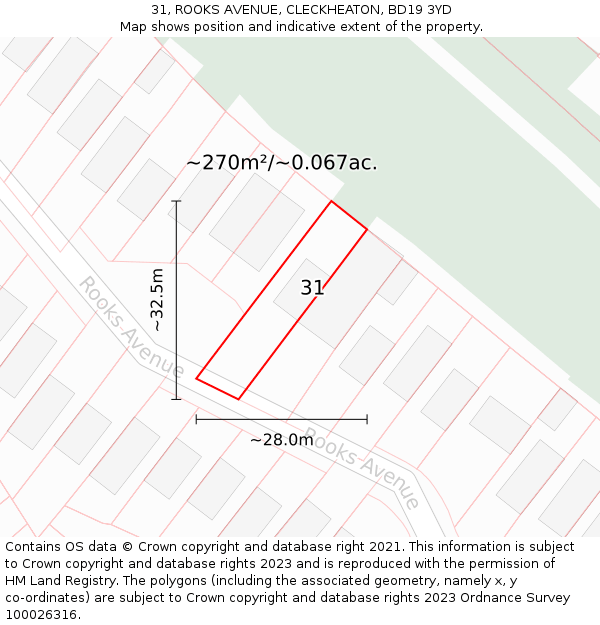 31, ROOKS AVENUE, CLECKHEATON, BD19 3YD: Plot and title map