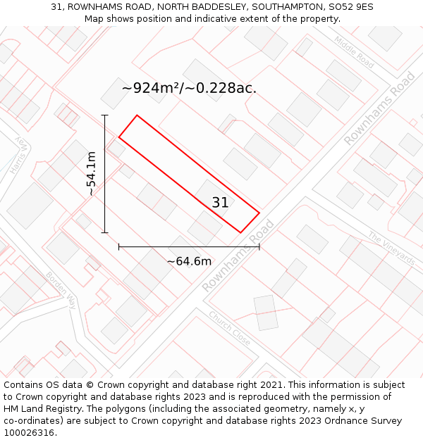 31, ROWNHAMS ROAD, NORTH BADDESLEY, SOUTHAMPTON, SO52 9ES: Plot and title map