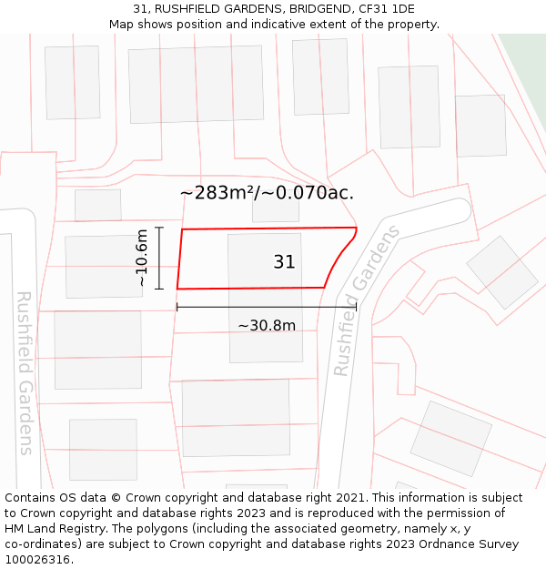 31, RUSHFIELD GARDENS, BRIDGEND, CF31 1DE: Plot and title map