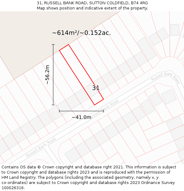 31, RUSSELL BANK ROAD, SUTTON COLDFIELD, B74 4RG: Plot and title map