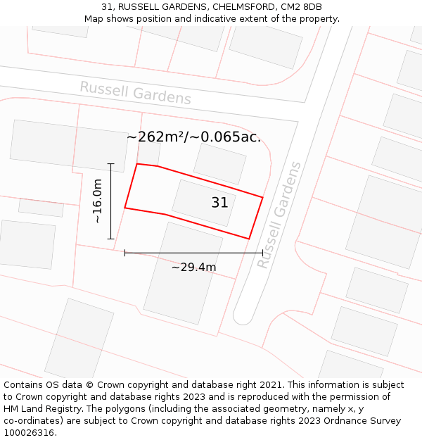 31, RUSSELL GARDENS, CHELMSFORD, CM2 8DB: Plot and title map