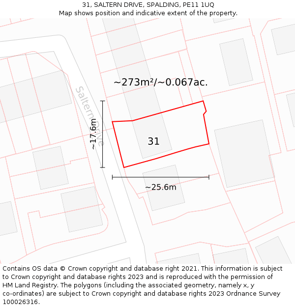 31, SALTERN DRIVE, SPALDING, PE11 1UQ: Plot and title map