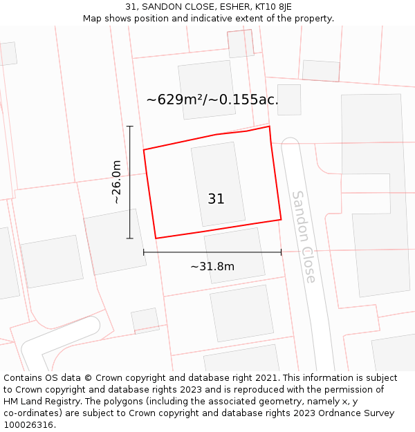 31, SANDON CLOSE, ESHER, KT10 8JE: Plot and title map