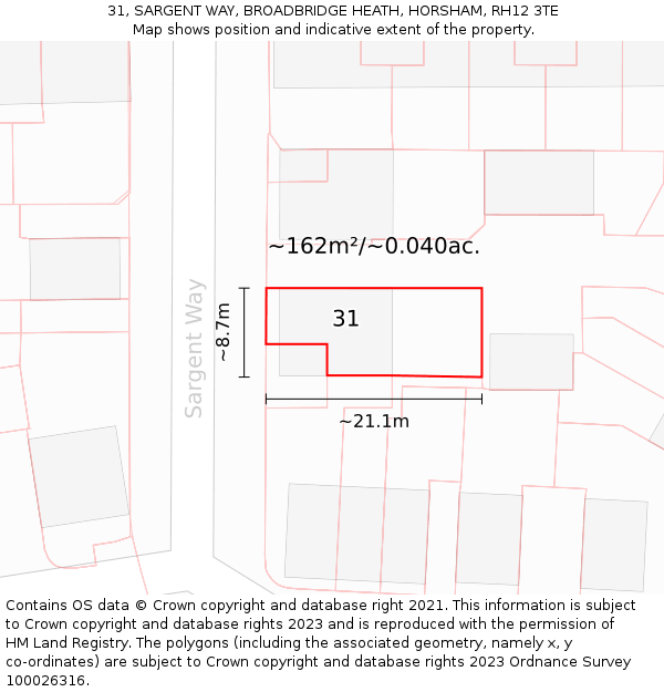 31, SARGENT WAY, BROADBRIDGE HEATH, HORSHAM, RH12 3TE: Plot and title map