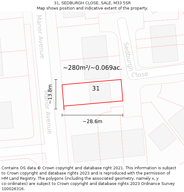 31, SEDBURGH CLOSE, SALE, M33 5SR: Plot and title map