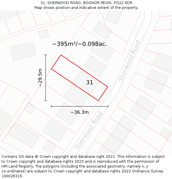 31, SHERWOOD ROAD, BOGNOR REGIS, PO22 9DR: Plot and title map