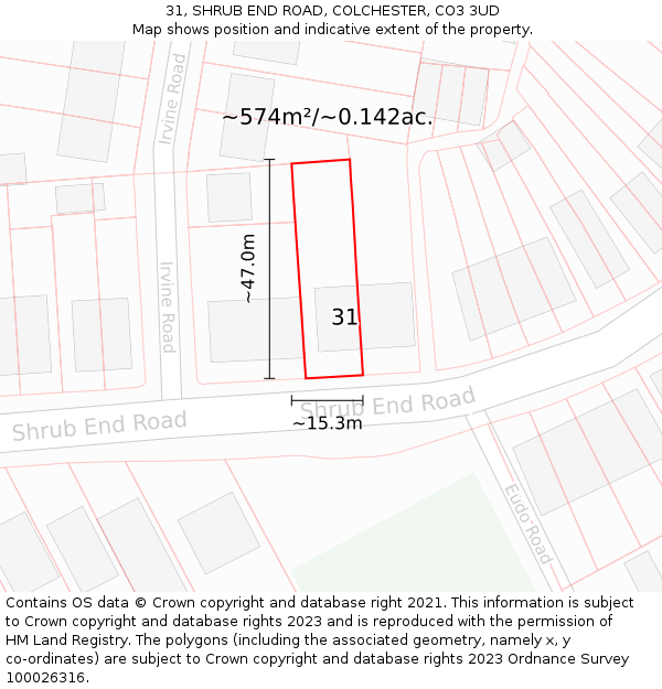 31, SHRUB END ROAD, COLCHESTER, CO3 3UD: Plot and title map